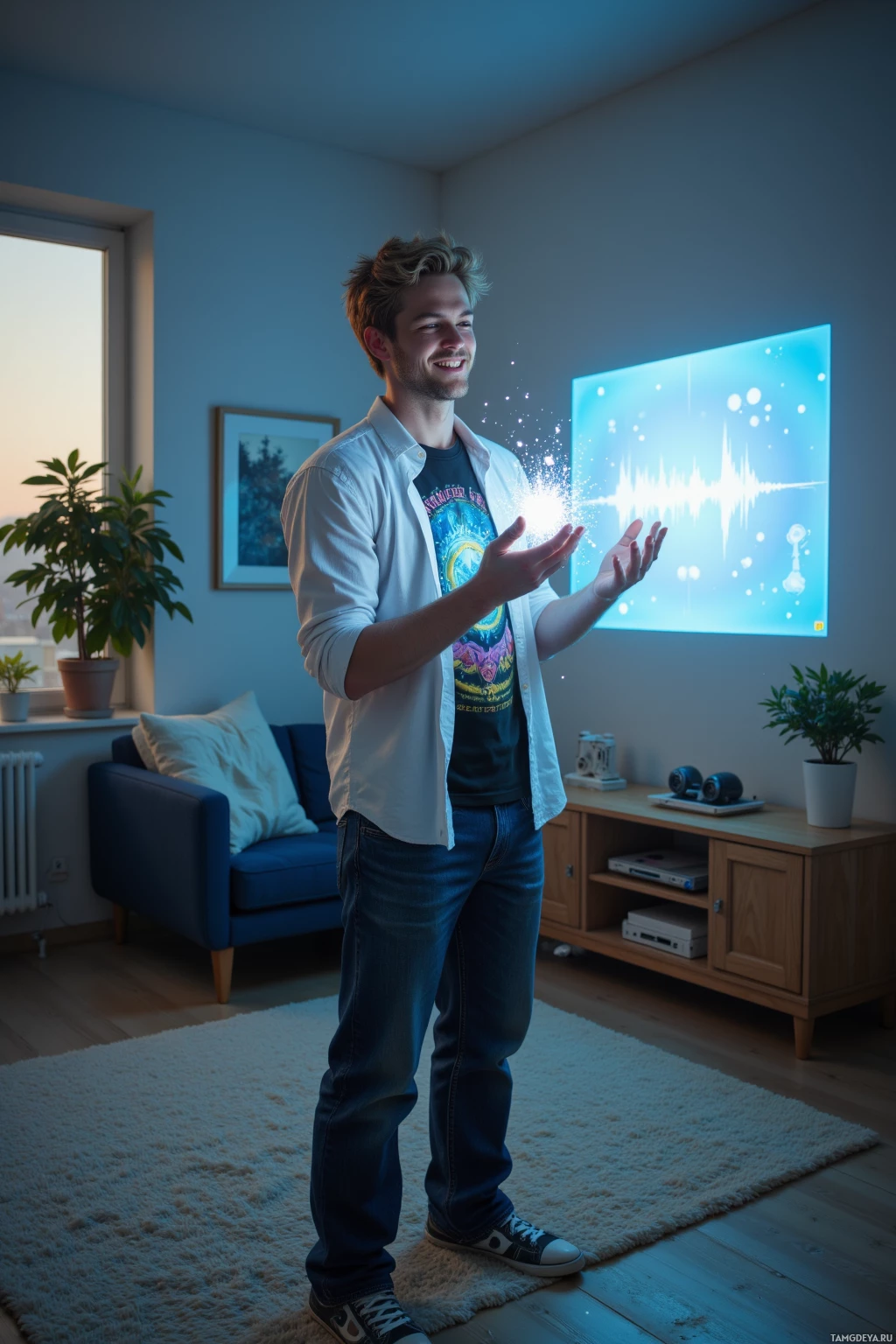 Realistic high quality photo. A young 31‑year‑old man with messy blonde hair, bright blue eyes, a warm smile, wearing a white shirt over a black graphic tee, dark blue jeans, and worn sneakers, standing in a sleek sci‑fi living room with holographic meme projections, clutching a glowing particle that lights his face as he giggles, with a small synth waveform displayed on a wall screen, evening light filtering through a window.