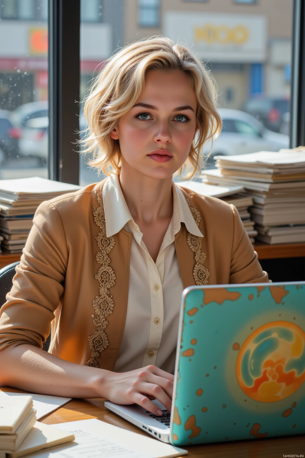 Realistic high quality photo. A woman, 32, blonde curly hair, blue eyes, wearing a cream blouse and a golden lace jacket, sits at a wooden desk in an afternoon-lit office, fingers poised over a laptop screen displaying a loading animation fading from amber to turquoise, a battered 2003 Windows XP wallpaper in the corner, stacks of archived UI sketches on a side table, and flickering hallway lights outside the window.