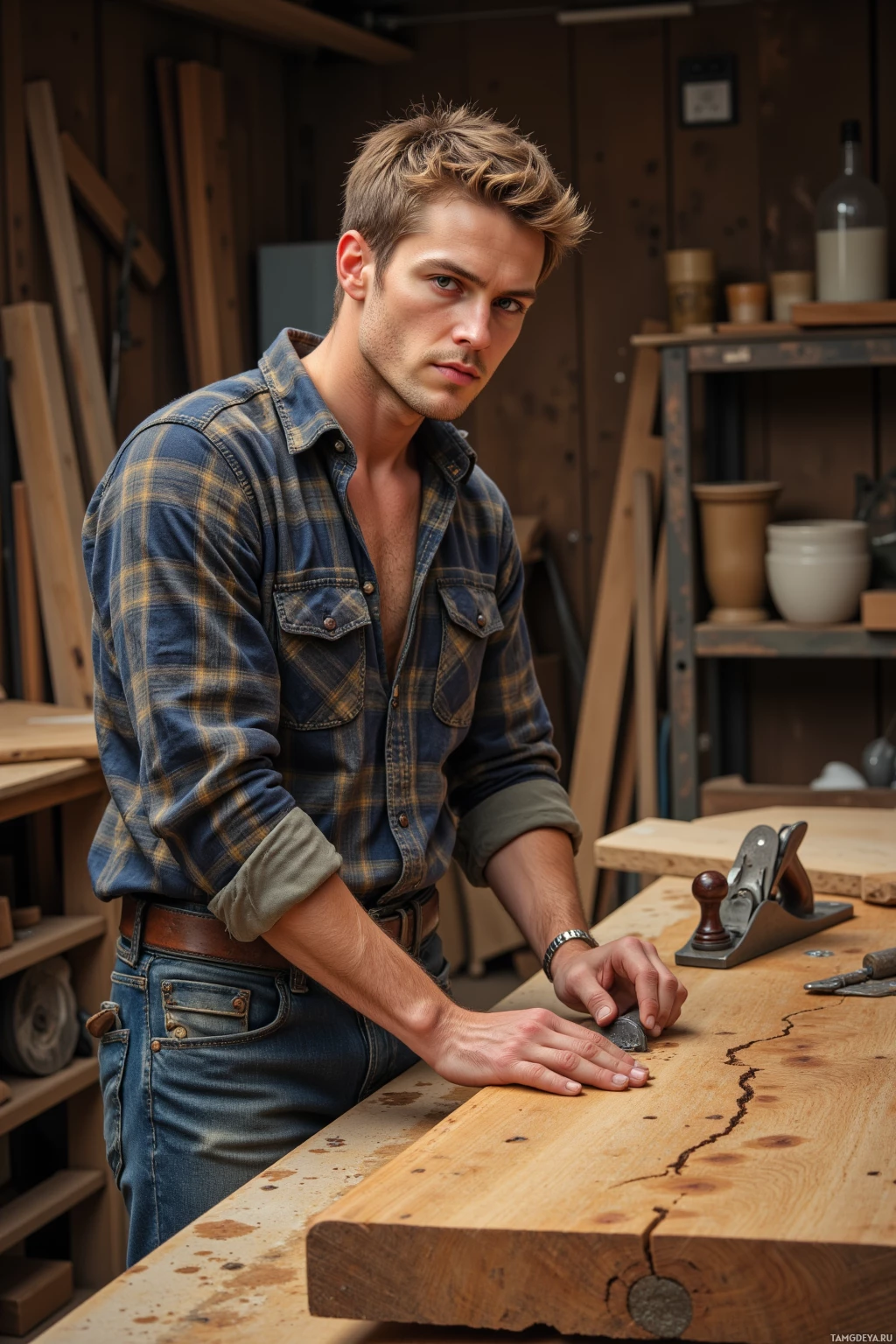 Realistic high quality photo. A 28‑year‑old man with short light brown hair, piercing blue eyes, wearing a worn flannel shirt, loose jeans, and scuffed work boots, stands at a cluttered wooden workbench in a workshop, carving a thick board with a hand plane, detailed grain patterns exposed by the cut, his expression focused and contemplative.