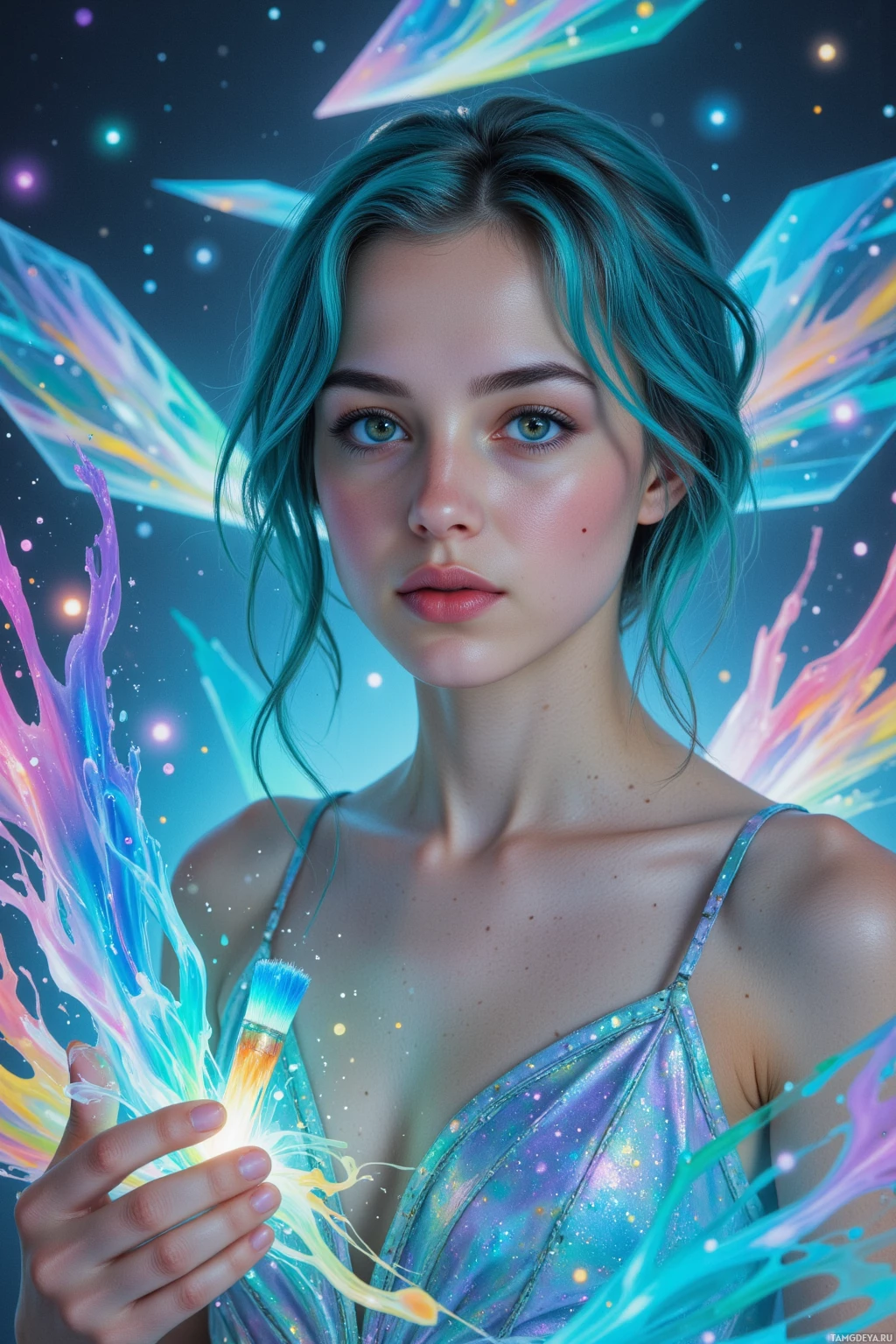 Realistic high quality photo. Woman with wavy liquid mercury hair, porcelain skin, gentle green eyes, shimmering iridescent dress, floats in a zero‑gravity studio, manipulating holographic paintbrushes that project swirling cosmic spreadsheets while chasing glowing glitch patterns, surrounded by floating translucent panels and vibrant color splashes.