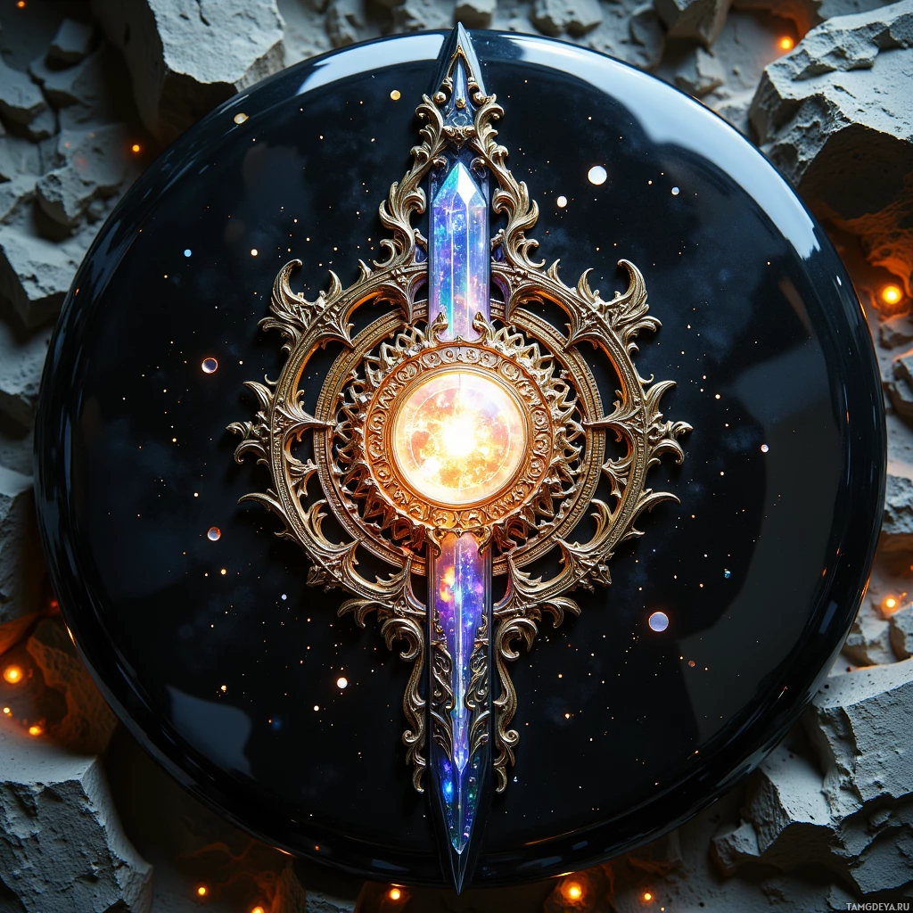 Semi-abstract image with many light, that is suitable for the post:  A 12‑inch obsidian disk with intricate brass filigree, a flawless polished black glass surface, a translucent holographic overlay projecting micro‑expressions, and a crystalline core of ancient alloy emitting a faint, subtle glow.