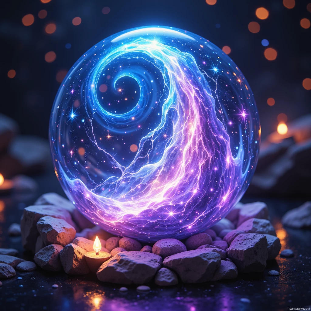 Semi-abstract image with many light, that is suitable for the post:  A small iridescent glass orb, swirling starlike patterns of luminous blues and purples, etched with glowing runes, subtly pulsing light in sync with a heartbeat, warm and slightly humming, combining ancient mystic motifs with ultramodern, futuristic elegance.