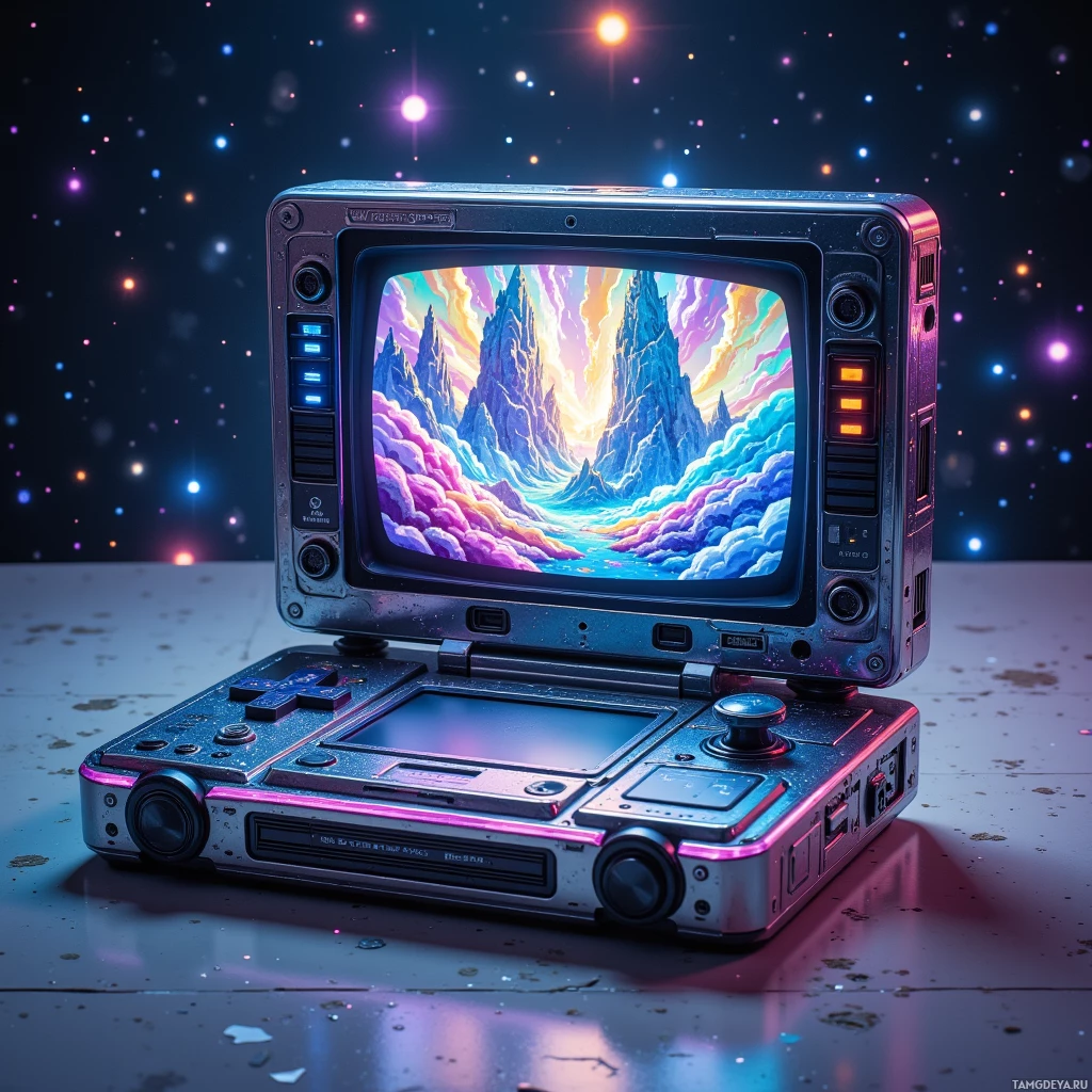 Semi-abstract image with many light, that is suitable for the post:  Chrome‑wrapped VHS‑style 32‑inch handheld console with a transparent glass faceplate projecting holographic 8‑bit worlds, built‑in snack dispenser for microwaved noodles, tiny speaker, touchpad, solar panel, and subtle AI indicator lights.