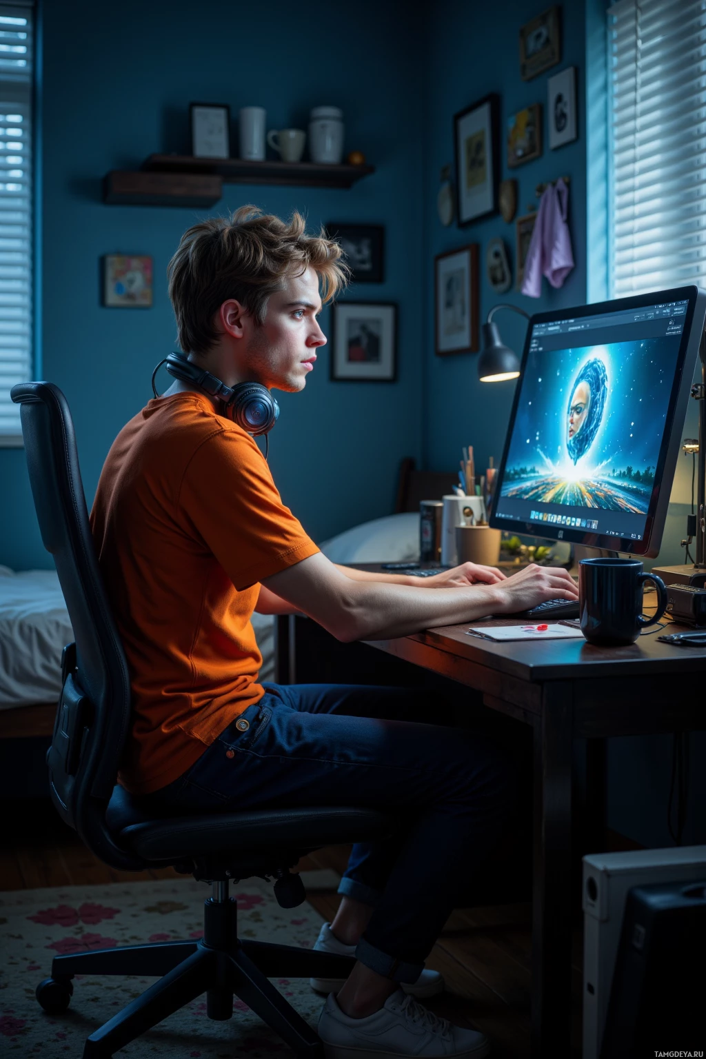 Realistic high quality photo. A 22‑year‑old man with messy light brown hair and bright blue eyes, wearing an orange t‑shirt and casual sneakers, sits at a cluttered desk in a dim modern bedroom, laptop open to a glitchy remix video, headphones on his neck, a coffee mug beside him, surrounded by flickering digital artifacts and a subtle burnt‑out blue glow, looking tired yet determined.