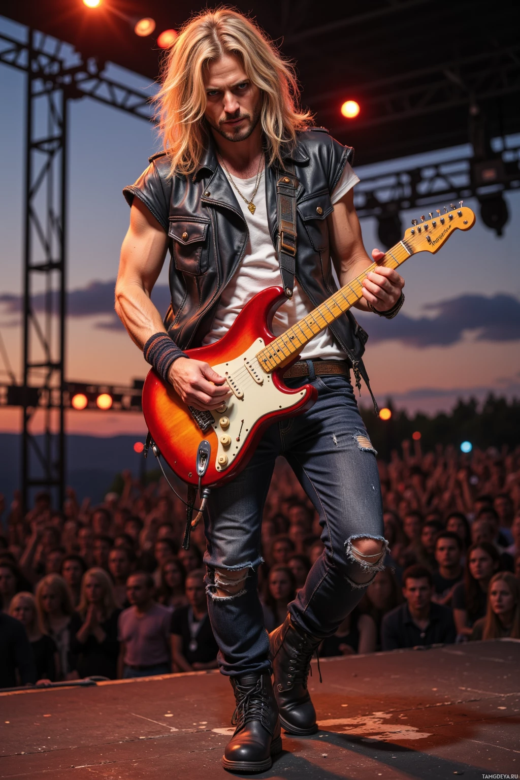 Realistic high quality photo. A rugged 32‑year‑old male rock guitarist with sun‑kissed olive skin, long untamed blonde hair, piercing blue eyes, wearing a black leather vest over a white band tee, dark jeans, scuffed black boots, guitar slung low on his hip, stands on a stage with warm amber lighting, tuning a vintage Stratocaster while a small crowd watches in a modern indoor concert venue at dusk.