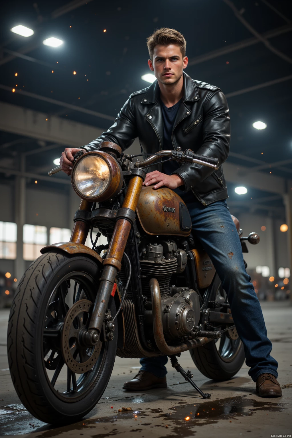 Realistic high quality photo. Male, 31, buzz‑cut light brown hair, green eyes, wearing a fitted black leather jacket and worn denim jeans, standing beside a rusted V4 motorcycle with a broken sprocket, midnight in an abandoned industrial lot, oil trails dripping, sparks flying from the engine, flickering overhead lights casting long shadows, his hand resting on the bike’s frame as if whispering a rite of passage.