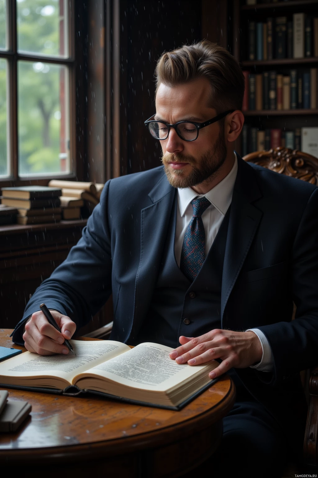 Realistic high quality photo. A 42‑year‑old man with light brown hair, trimmed beard, round vintage glasses, in a tailored dark suit, crisp white shirt, patterned tie, sits at a wooden desk in a dim study on a rainy afternoon, meticulously annotating the margins of a classic book while rain drums against the window.