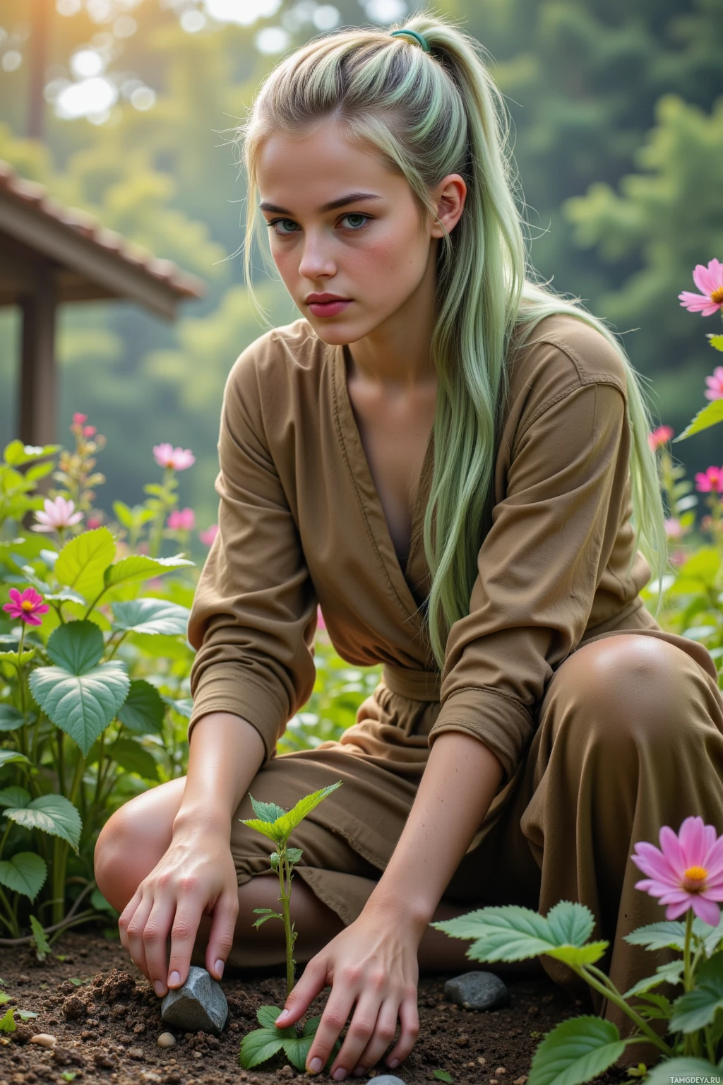 Realistic high quality photo. Young woman, 18, long light green hair in a loose ponytail, bright blue eyes, glowing skin, wearing an earth‑tone flowing robe with leaf and vine motifs, gently coaxing sprouting seedlings in a lush fantasy garden at dawn, nudging a half‑buried sharp stone back into the earth while watching dew settle on petals, valley breezes rustling leaves, serene and patient atmosphere.