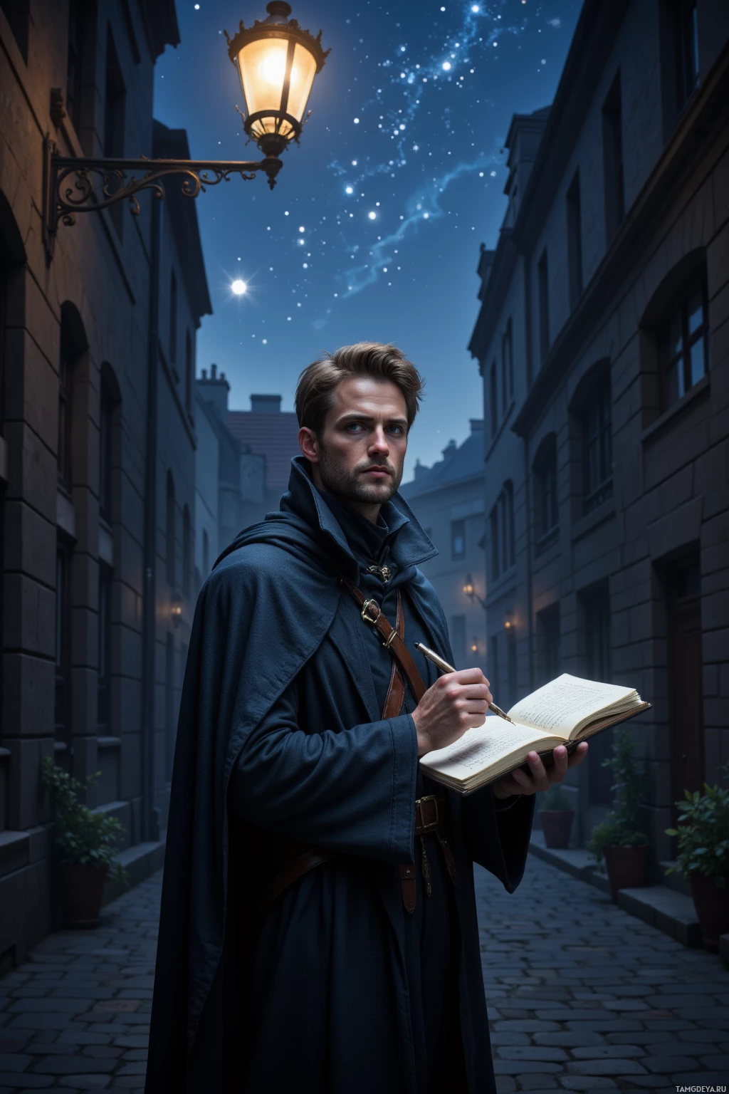 Realistic high quality photo. 33-year-old man with light brown hair, piercing blue eyes, wearing a sleek high-collared muted cloak, standing under a solitary streetlamp in a dark urban alley, holding a notebook and tracing constellations in the night sky above muted city buildings.