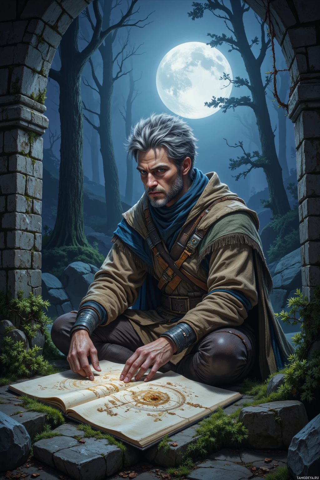Realistic high quality photo. Male, 38, with graying thinning afro hair and piercing blue eyes, pale rugged features, wearing a worn patched long earth‑toned cloak and layered robes, sits at an old stone shrine in a misty valley under a full moon, tracing ancient runes with his hand, sketchbook open on a mossy floor, ink flowing as he draws, surrounded by whispering forest trees, night time, contemplative and reverent.