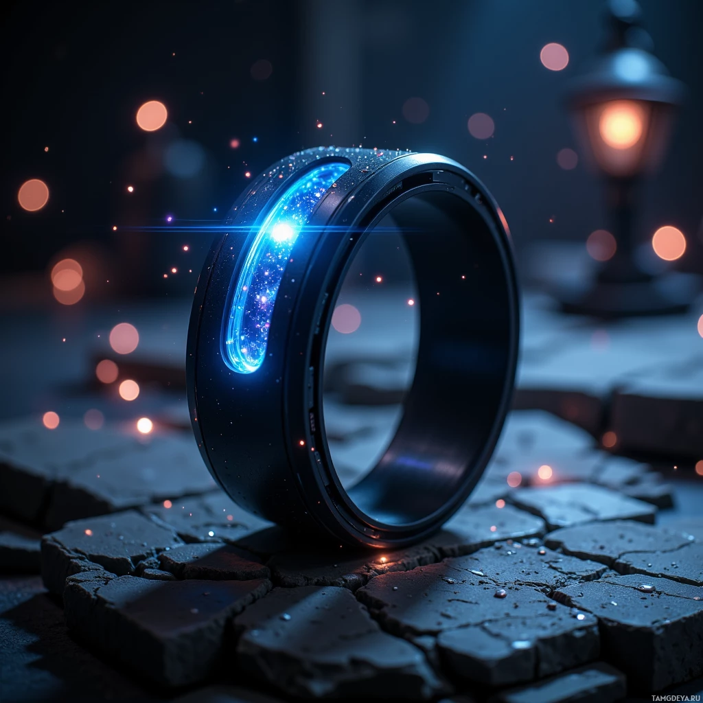 Semi-abstract image with many light, that is suitable for the post:  Matte black 15‑mm wristband with a single sapphire core that softly glows, embedded passive energy‑harvesting circuitry, and a translucent HUD projecting holographic bio‑metric overlays.