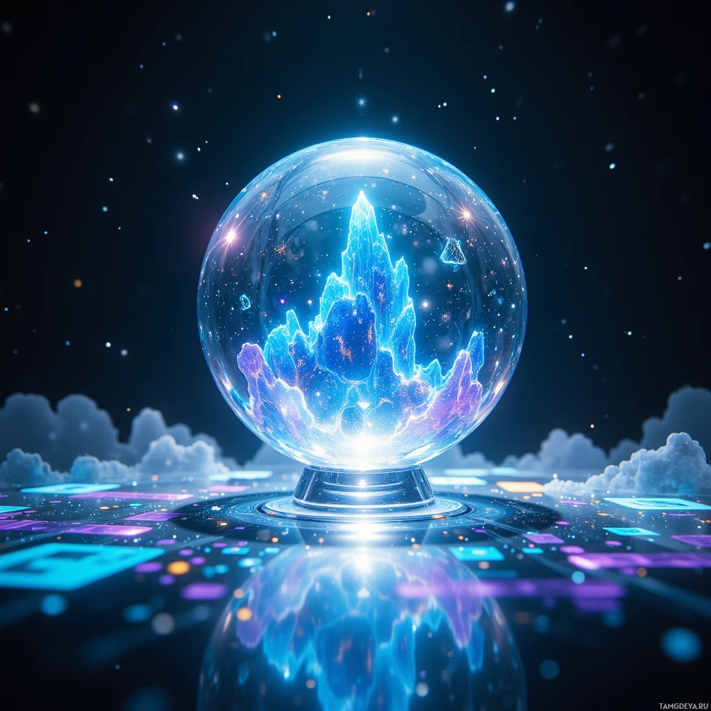 Semi-abstract image with many light, that is suitable for the post:  A hovering 3‑inch translucent crystal sphere with iridescent facets and faint neon blue circuitry pulsing inside, emitting holographic 3‑D battlefield projections onto a flat surface, surrounded by a subtle luminous glow.