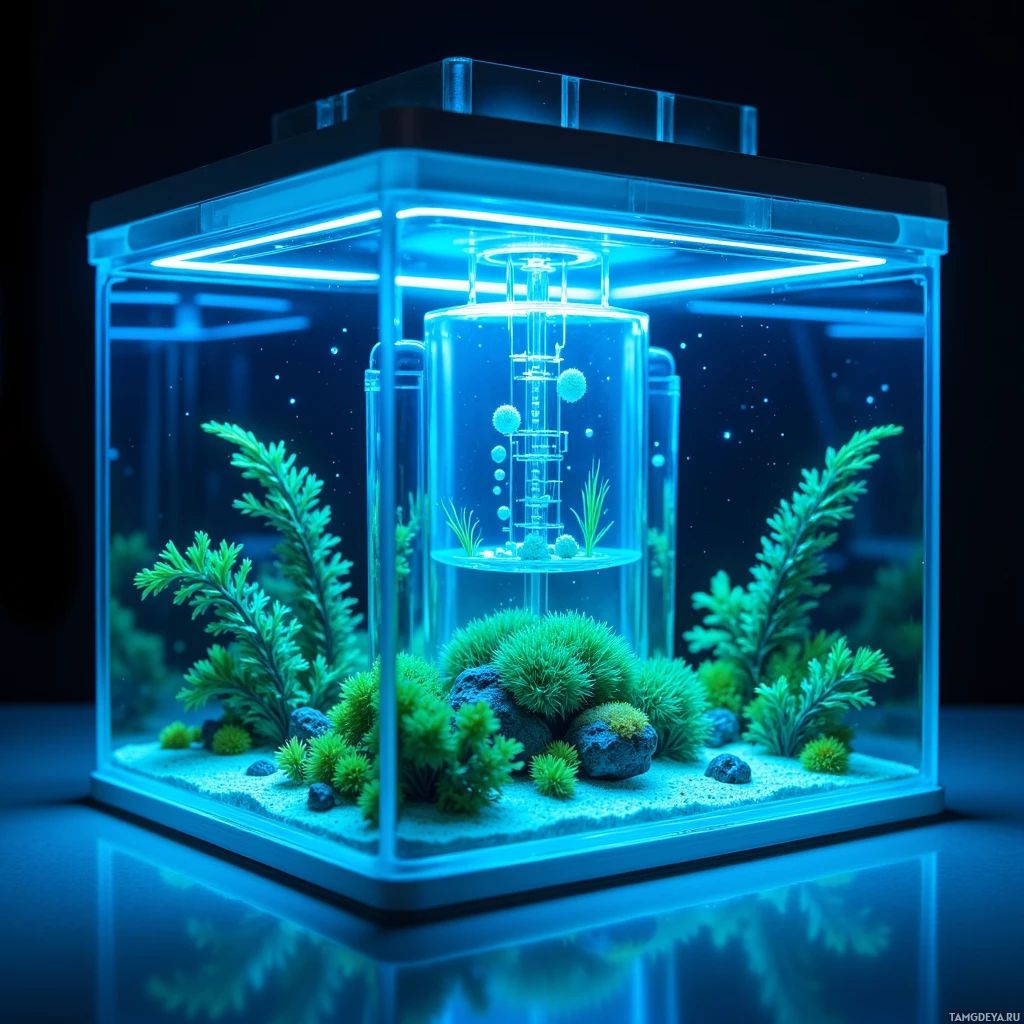 Semi-abstract image with many light, that is suitable for the post:  Sleek glass cylinder with soft blue LED glow, transparent walls revealing a tiny 3D‑printed scaffold inside, and a chamber filled with clear seawater teeming with live symbiotic algae, subtle temperature and pH sensors visible, all encapsulated in a futuristic laboratory device.