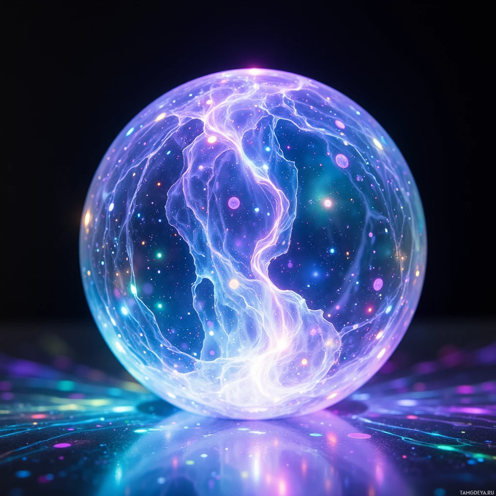 Semi-abstract image with many light, that is suitable for the post:  Translucent crystal sphere, 6 inches in diameter, floating slightly above surface, gently pulsing with soft shifting colors, surface etched with delicate micro‑holographic filaments that shift with motion, shimmering and refracting light for a futuristic, elegant look.