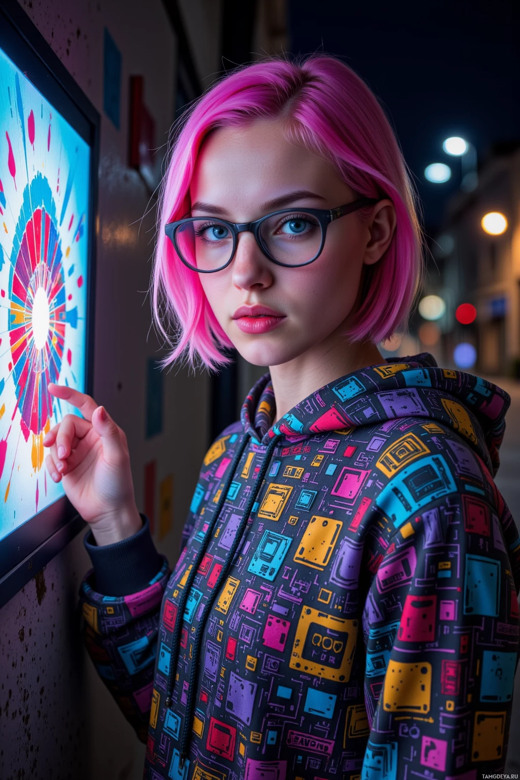 Realistic high quality photo. A 27‑year‑old woman with bright pink hair, blue eyes, fair skin, oversized glasses, and a colorful hoodie patterned with circuit board motifs, standing in a dimly lit alley at night, hand hovering between a glowing monitor and a rusted paintbrush, as flickering street lights cast fragmented, pixel‑like glows onto a flat wall that morphs into a living glitch of color, her posture tense and focused amid the quiet hum of a city after dark.