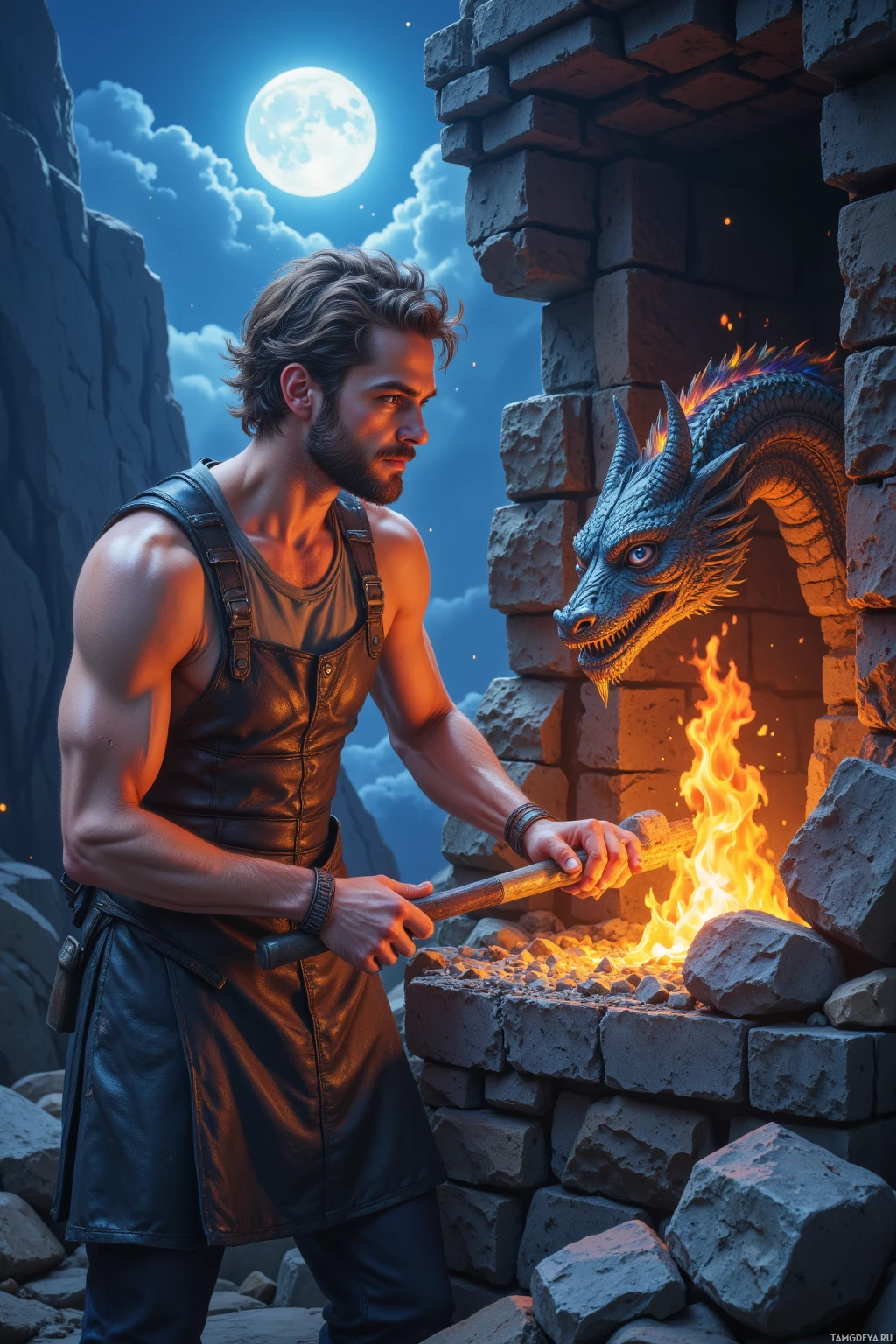 Realistic high quality photo. Male 29, light brown hair, bright blue eyes, fair skin, fitted tank top and leather apron, standing on a moonlit ridge beside a glowing stone forge, holding tongs and hammer, intently chiseling a clay dragon that breathes flame, checking crystal ore, with a guarded smile, surrounded by firelit stone.