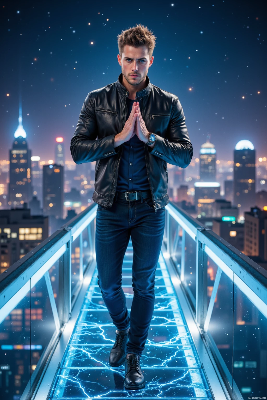 Realistic high quality photo. Male, 28, light brown spiky hair, bright blue eyes, wearing a fitted black leather jacket over a dark shirt and slim dark jeans, standing on a holographic bridge with shimmering glass, fingers together counting sparks, poised as if dancing on the edge, night sky with stars above a futuristic metropolis.
