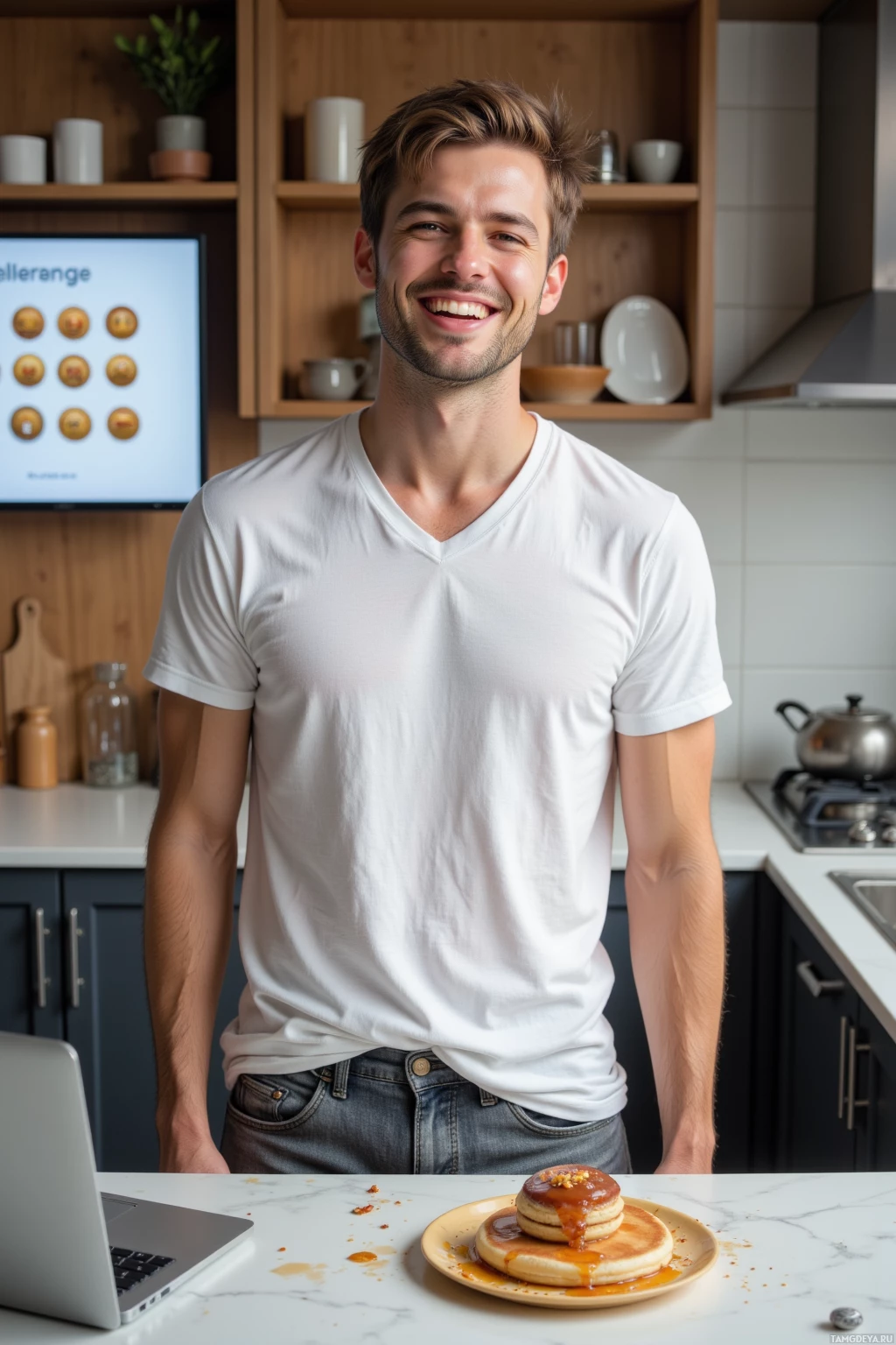 Realistic high quality photo. A 33‑year‑old man with short light brown hair and blue eyes, wearing a white t‑shirt and loose gray jeans, laughing in a contemporary kitchen with a pancake disaster on the counter, a digital leaderboard displaying bronze badges, and a laptop open to brainstorming notes, steam from burnt sugar rising.