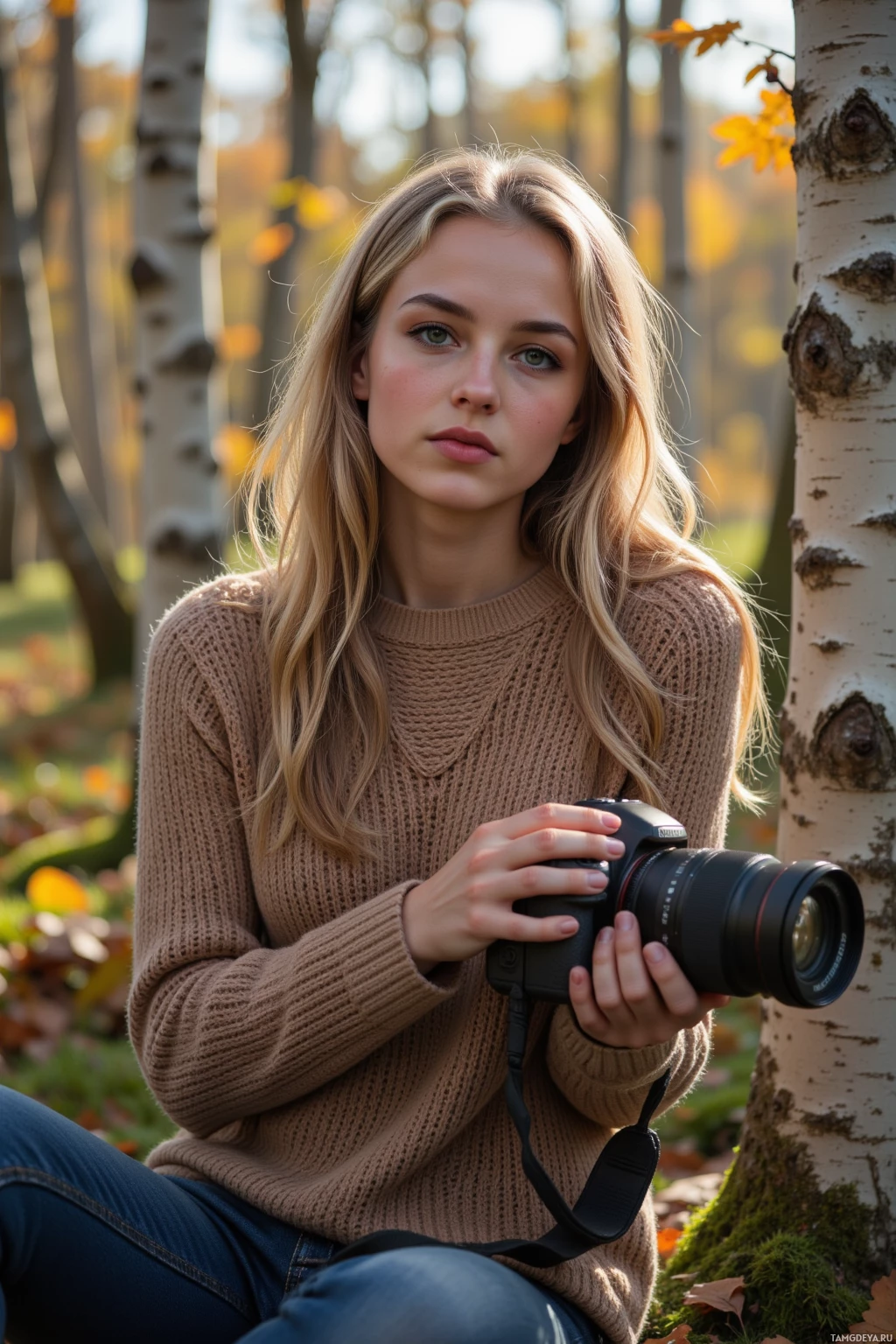Realistic high quality photo. A 32‑year‑old woman with wavy blonde hair, green eyes, freckled skin, wearing a soft earth‑toned knit sweater, sits on a mossy log in a birch forest, gently adjusting a camera lens as a single ray of sunlight filters through the trunks, casting shifting patterns of light and shadow on the forest floor while the wind rustles leaves around her.