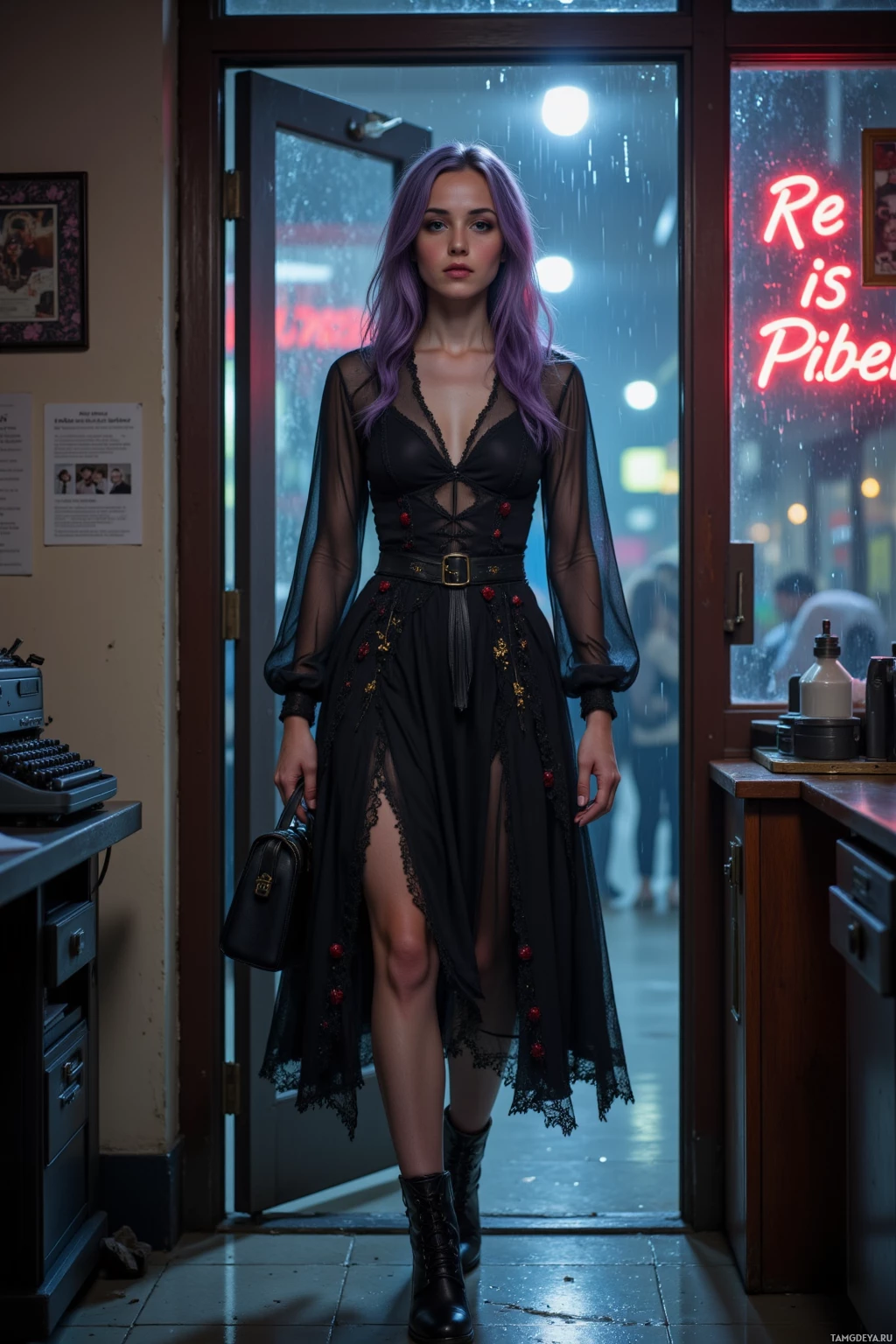 Realistic high quality photo. Female, 26, long purple hair, blue eyes, wearing a layered black lace dress with berry ribbons and gothic boots, walking out of a dim office at night holding a vintage typewriter while a printer whines, rain smears the window, and a flickering neon sign glows outside.