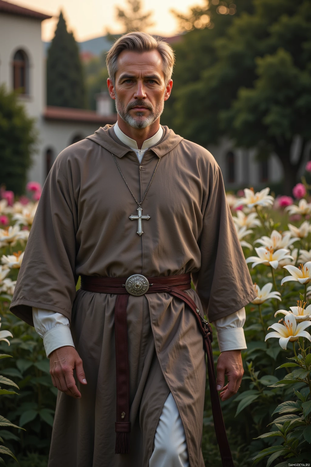 Realistic high quality photo. A dignified 45‑year‑old man with light blonde hair streaked with gray, soft blue eyes, and fair skin, wearing simple elegant traditional clerical robes in muted earth tones with a silver cross pendant, walking alone through a tranquil garden at dusk surrounded by blooming lilies glowing softly in evening light, his expression serene yet thoughtful, embodying quiet strength and protective resolve.