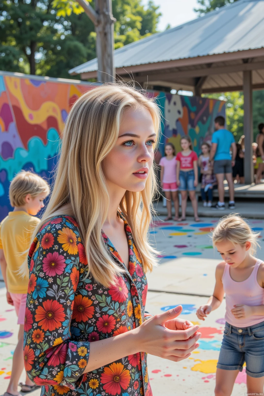 Realistic high quality photo. Woman with long blonde hair, bright blue eyes, radiant white skin, wearing a colorful patterned blouse and casual pants, standing on a wooden stage under a bright sunny afternoon in a community park, shouting reminders to volunteers while kids laugh and paint spills onto the concrete, a vibrant mural in progress beside her, her hair slightly windblown, posture energetic and slightly impatient.