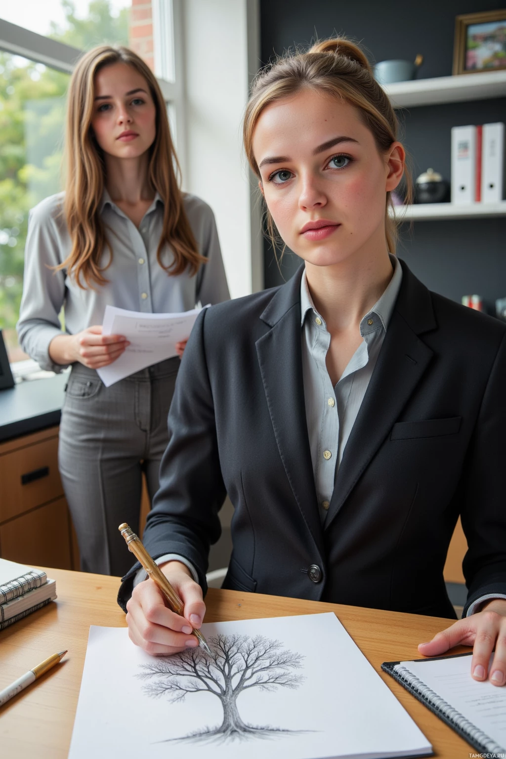 Realistic high quality photo. A 33‑year‑old woman with light brown hair in a neat bun, blue eyes, pale skin, wearing a sharp tailored business suit and a subtle holographic scarf, sits at a desk in a modern office where sunlight filters through a window onto a wooden floor, sketching boundary lines of an oak tree on a legal pad while a colleague stands nearby holding a draft petition.
