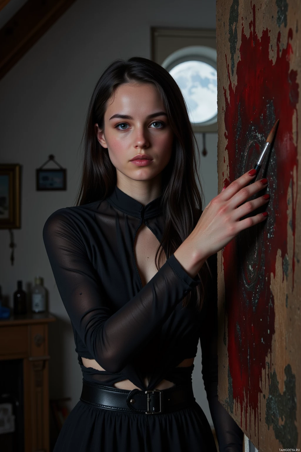 Realistic high quality photo. A slender woman in her thirties, long black hair, pale porcelain skin, deep green eyes, paint‑smudged fingers, wearing a layered black dress with asymmetrical cuts, stands in a dim attic with walls dripping crimson paint, moonlight filtering through a small window, holding a paintbrush in one hand and a canvas in front, rehearsing a solitary artistic ritual.