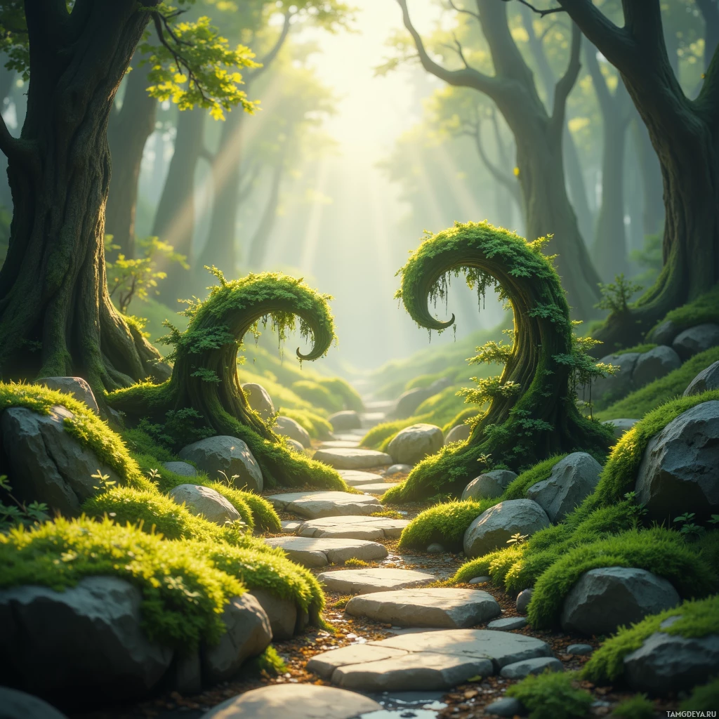 Semi-abstract image with many empty light space at center of beautiful background, that is suitable for the post:  The moss curls like a silent apology written on stone, a debt paid in forgotten footsteps.