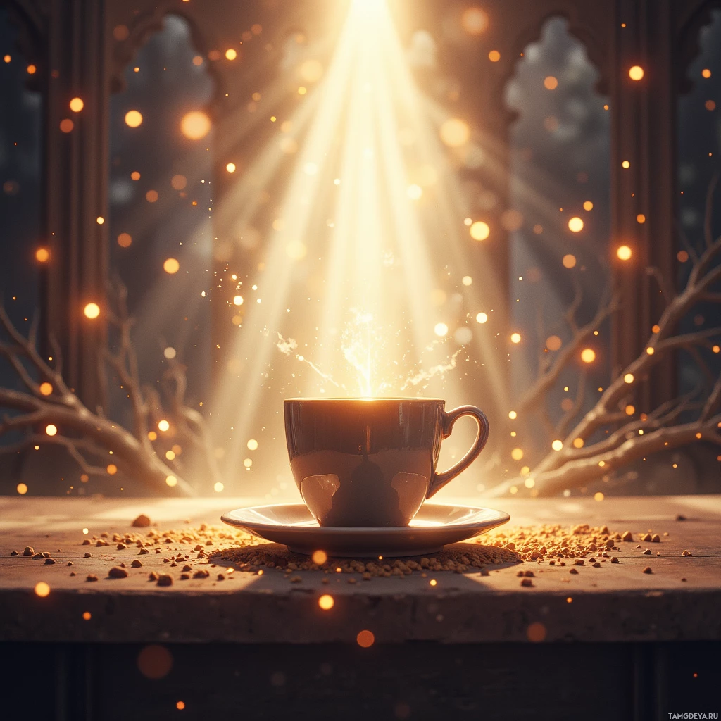 Semi-abstract image with many empty light space at center of beautiful background, that is suitable for the post:  The coffee mug refuses to cooperate, insisting on being a time machine that only returns me to the 1980s.