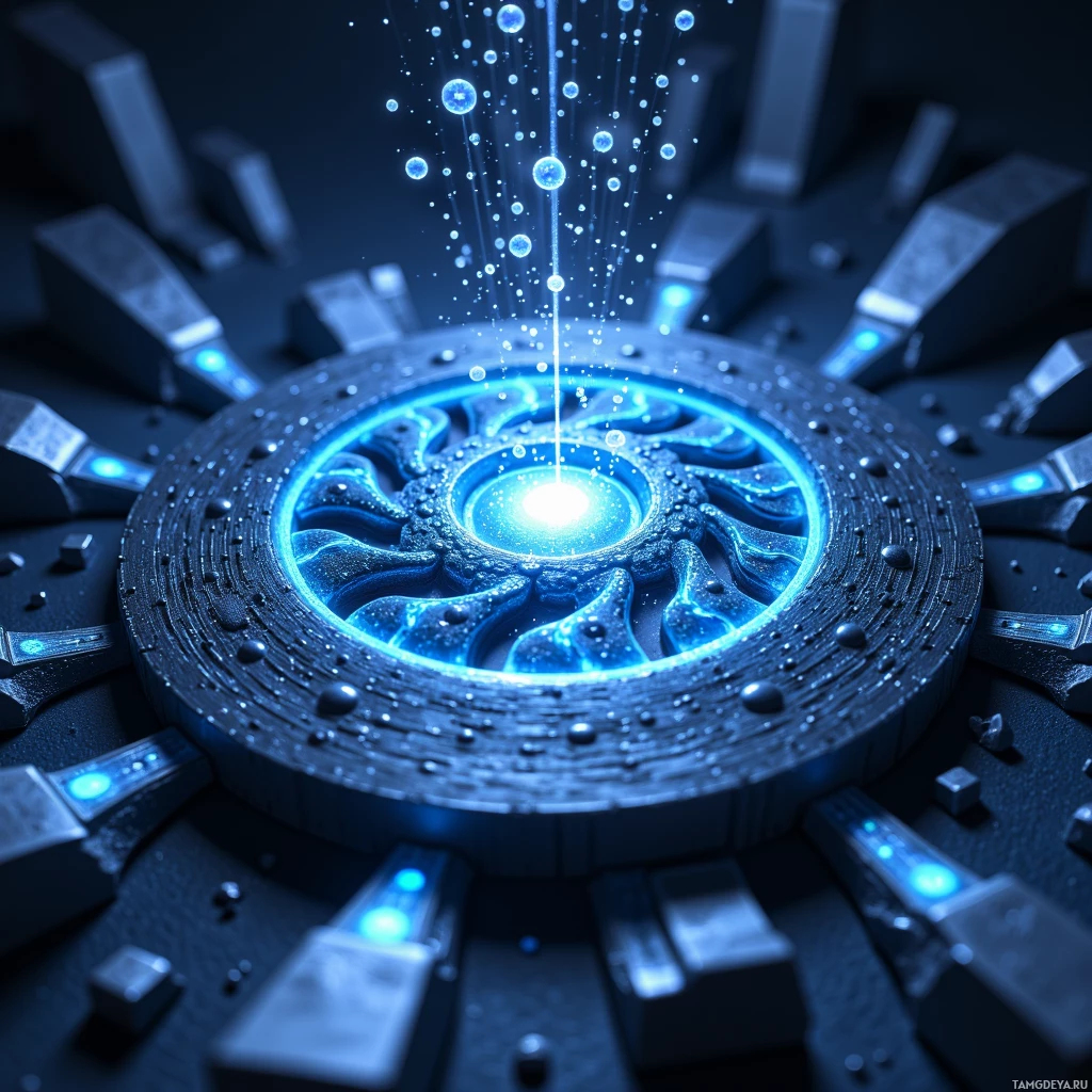 Semi-abstract image with many light, that is suitable for the post:  A tiny silvered disk of carbon‑nanowires with a shifting fractal etched pattern, emitting a faint blue glow as its ultra‑fine lattice rearranges in real time.