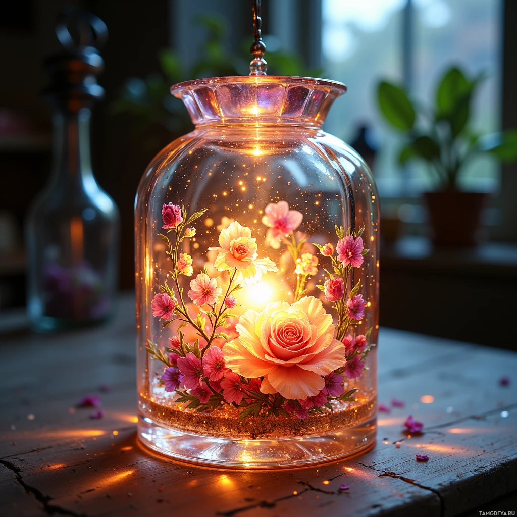 Semi-abstract image with many light, that is suitable for the post:  tiny hand‑crafted crystal lantern made of translucent glass and iridescent mica, etched delicate roses that breathe, glowing sunrise light, petals unfurling with a gentle mist, hidden compartment for a pressed flower, iridescent color shifts.