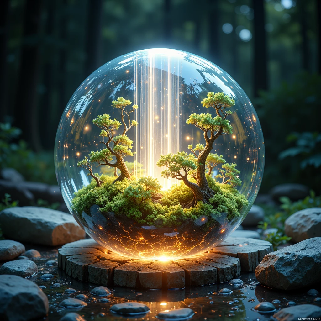 Semi-abstract image with many light, that is suitable for the post:  Translucent crystal sphere with a glowing moss interior, glass shell interwoven with living wood filaments, embedded sensor strips pulsing faintly, and subtle iridescent light patterns mimicking natural sun cycles.