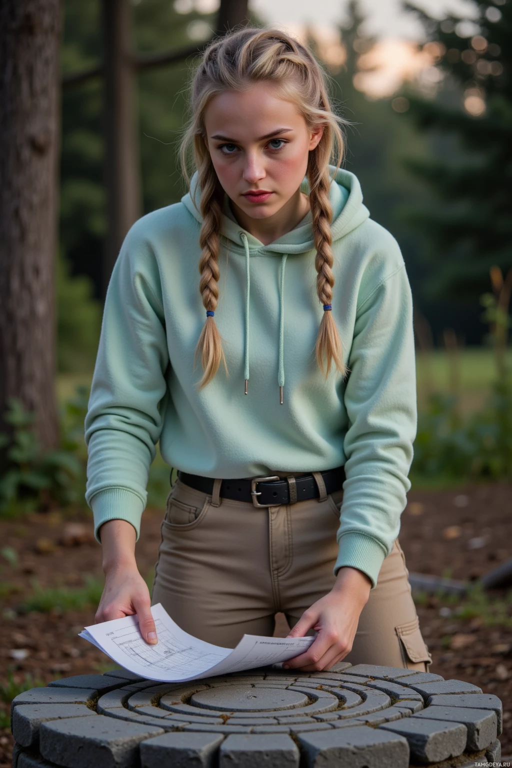 Realistic high quality photo. A woman in her mid-twenties with shoulder‑length blonde braids, blue eyes, wearing a pale green hoodie and beige utility pants, stands in a forest clearing at dusk, carefully adjusting concentric stone rings of a handcrafted fire pit while holding a blueprint, her focused expression reflecting a competitive, creative mindset.