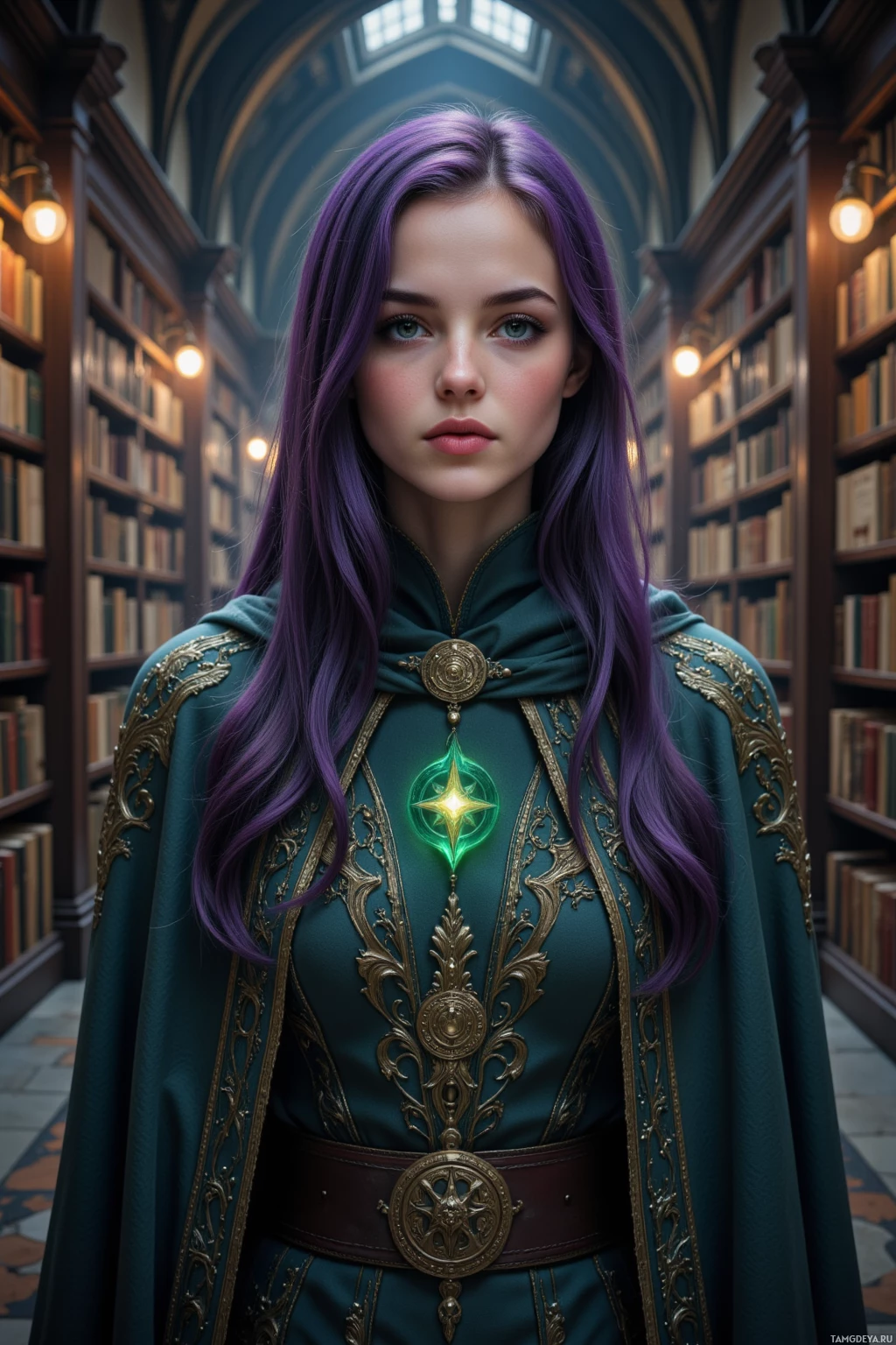 Realistic high quality photo. Female, 29, long flowing dark purple hair, emerald green eyes, pale complexion, wearing an intricately patterned cloak with glowing symbols, calmly standing in a twilight corridor of an ancient library surrounded by towering shelves of vellum, flickering lamplight, a single rune glowing softly on stone, faint distant bells echoing through stone.