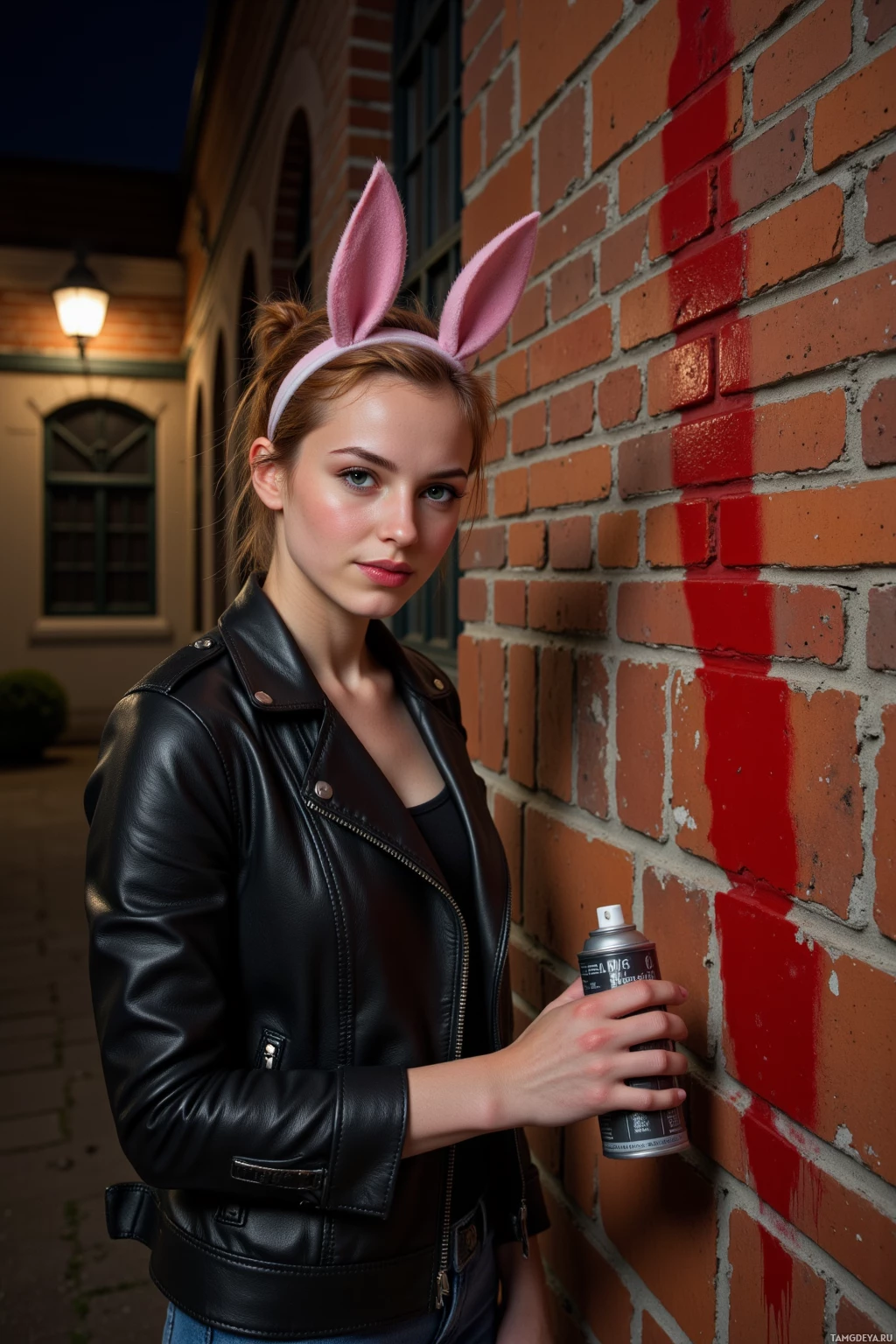 Realistic high quality photo. A 23‑year‑old woman with messy spiky red hair, green eyes, porcelain skin, wearing a black leather jacket and jeans with bunny ears, spray painting a single bold crimson slash on the brick wall of an old library at night, smiling confidently, exuding rebellious artistic energy.