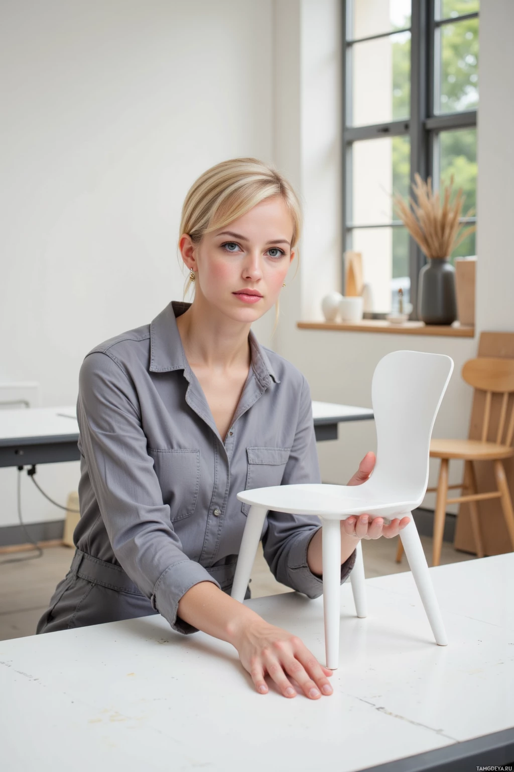 Realistic high quality photo. A 27‑year‑old woman with short blonde hair, blue eyes, pale skin, wearing a sleek gray jumpsuit and geometric earrings, sits at a humming drafting table with a laser cutter, reviewing an empty minimalist chair with smooth, sharp lines that deliberately refuses to be sat on, in a clean, modern studio bathed in soft afternoon light.