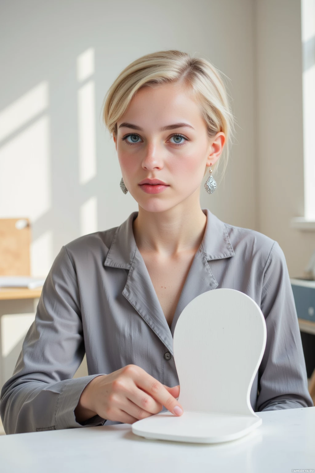 Realistic high quality photo. A 27‑year‑old woman with short blonde hair, blue eyes, pale skin, wearing a sleek gray jumpsuit and geometric earrings, sits at a humming drafting table with a laser cutter, reviewing an empty minimalist chair with smooth, sharp lines that deliberately refuses to be sat on, in a clean, modern studio bathed in soft afternoon light.