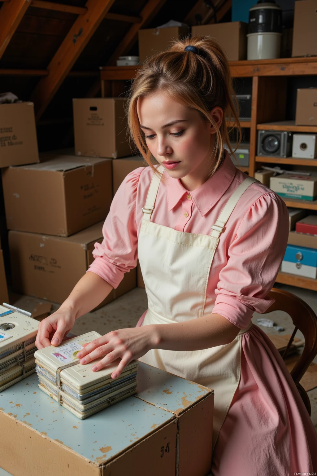 Realistic high quality photo. A woman in her forties with light brown hair in a retro ponytail and bright blue eyes, wearing a pastel pink dress with a full skirt and a vintage-style apron, carefully dusts a stack of 8‑track tapes in a dusty attic filled with boxes under warm afternoon light.
