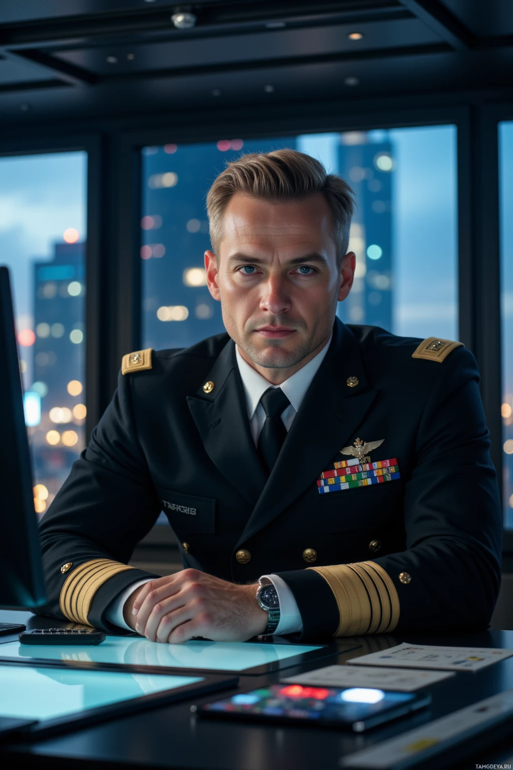 Realistic high quality photo. 48‑year‑old tall male, slicked‑back light blonde hair, piercing cold blue eyes, stern expression, wearing a sharply tailored formal black military uniform with subtle rank insignia, seated at a high‑tech observation room table surrounded by glowing data feeds and monitors, city lights flickering outside, night time, commanding posture, modern realism.