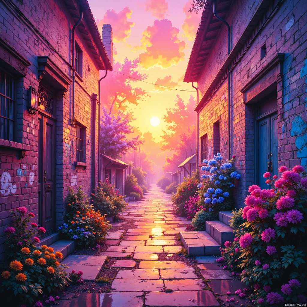 Semi-abstract image with many empty light space at center of beautiful background, that is suitable for the post:  Graffiti sunrise, beats bloom on brick like neon pollen.