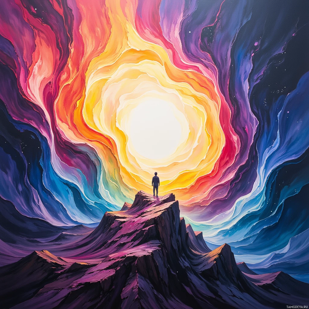 Semi-abstract image with many empty light space at center of beautiful background, that is suitable for the post:  My brain is a palette, and I keep repainting it mid‑stroke, chasing a harmony that slips through my fingers.