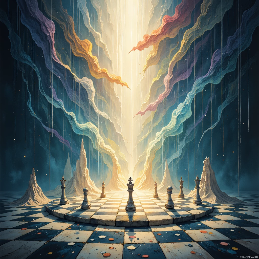 Semi-abstract image with many empty light space at center of beautiful background, that is suitable for the post:  Patterns swirl in my mind like a chessboard rain, each drop a potential move, waiting for the perfect check.