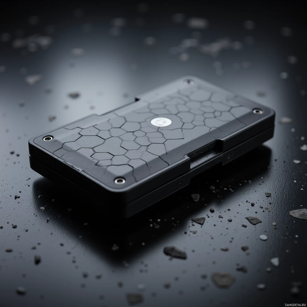 Semi-abstract image with many light, that is suitable for the post:  Matte black pocket-sized hardware wallet shaped like a chunk of polished graphite, featuring subtle engraved hexagonal patterns on its surface and a sleek, minimalistic design that implies advanced biometric and voiceprint locking technology.