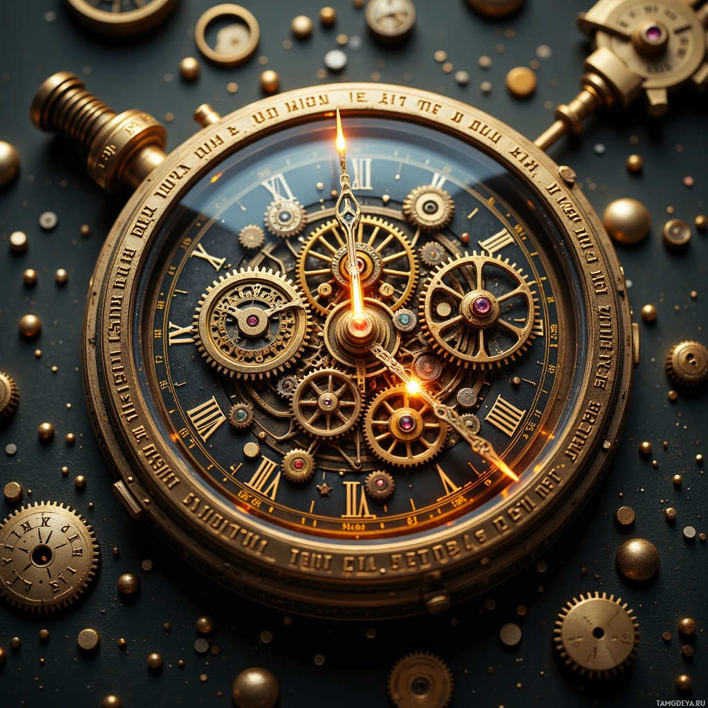 Semi-abstract image with many light, that is suitable for the post:  Antique brass chronograph with a maze of interlocking gears on its face, a single luminous needle that never stops, and pulsing cryptic runes etched into the brass casing, all highlighted by subtle metallic glows.