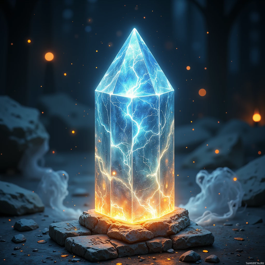 Semi-abstract image with many light, that is suitable for the post:  A translucent crystal-shaped compass with a smooth surface flecked with pulsing silver veins, a needle that shifts to unseen directions, and a warm, moonstone-carved handle etched with ancient runes, glowing softly.