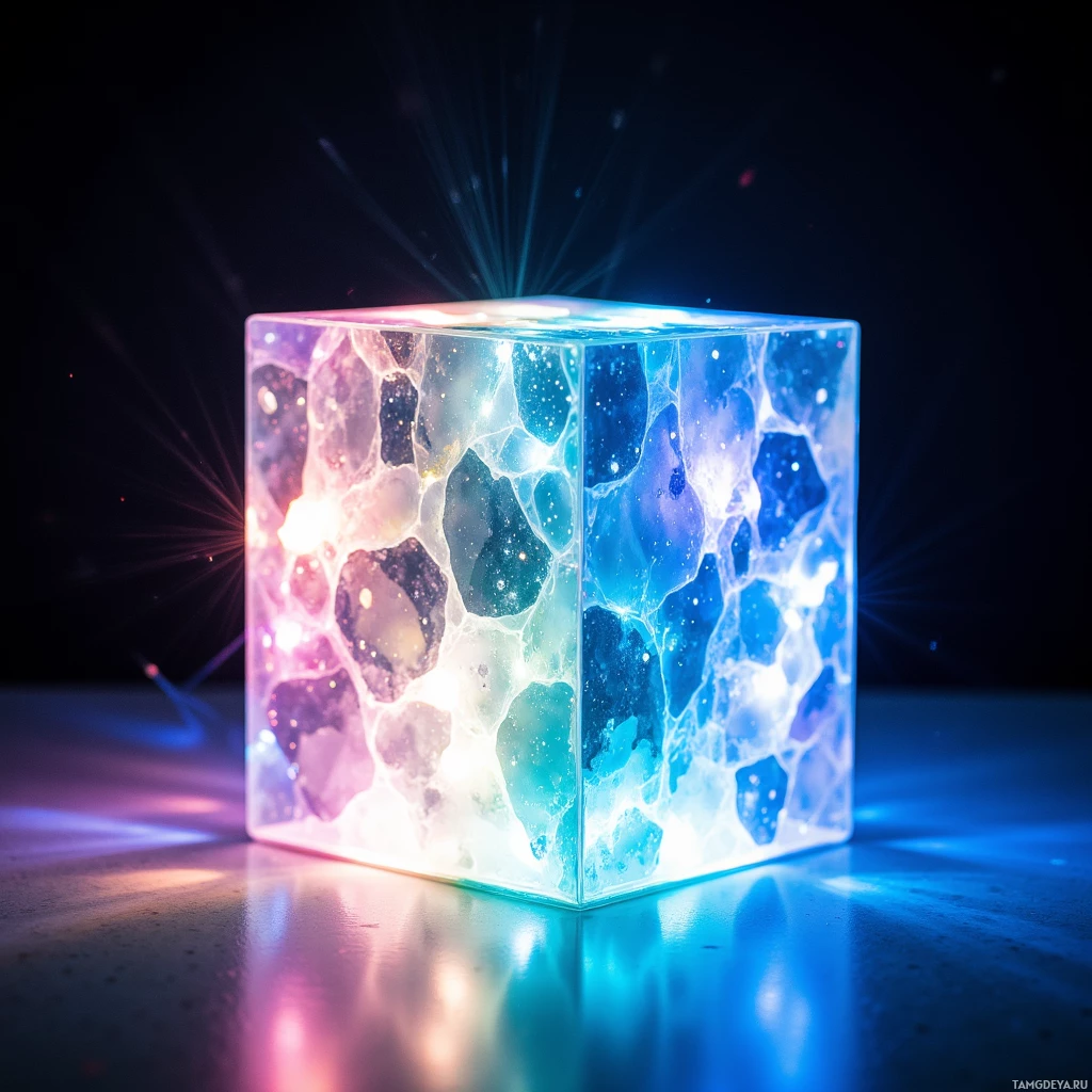 Semi-abstract image with many light, that is suitable for the post:  Translucent glass cube with crystal facets refracting light like a tiny prism, shifting colors from soft pastels to electric blues in sync with ambient sound, a tech‑infused art piece.