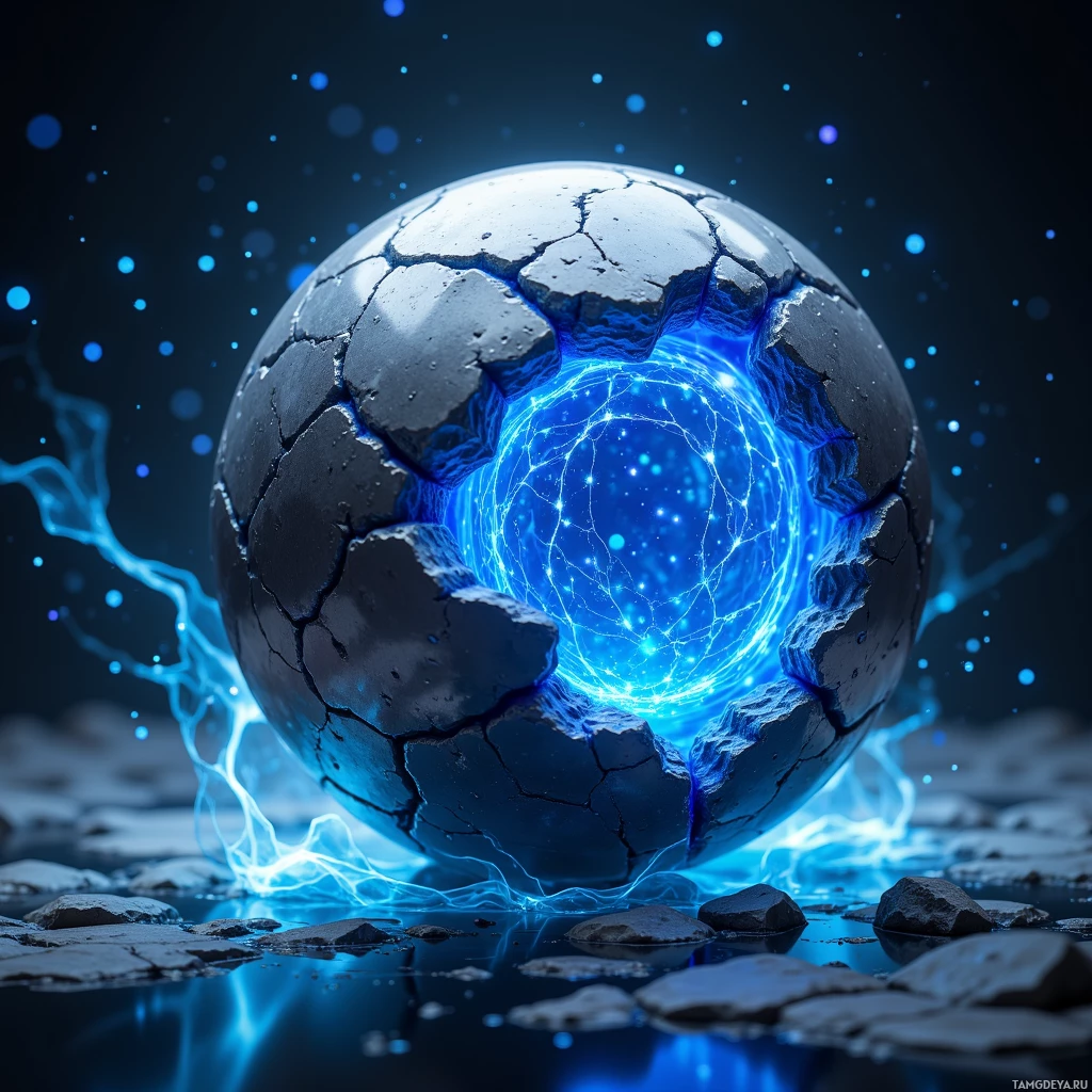 Semi-abstract image with many light, that is suitable for the post:  A baseball-sized humming sphere with a slick brushed titanium shell, glowing cobalt blue, swirling electrons visible inside, and a tiny crystal array embedded, projecting a protective energy shield.