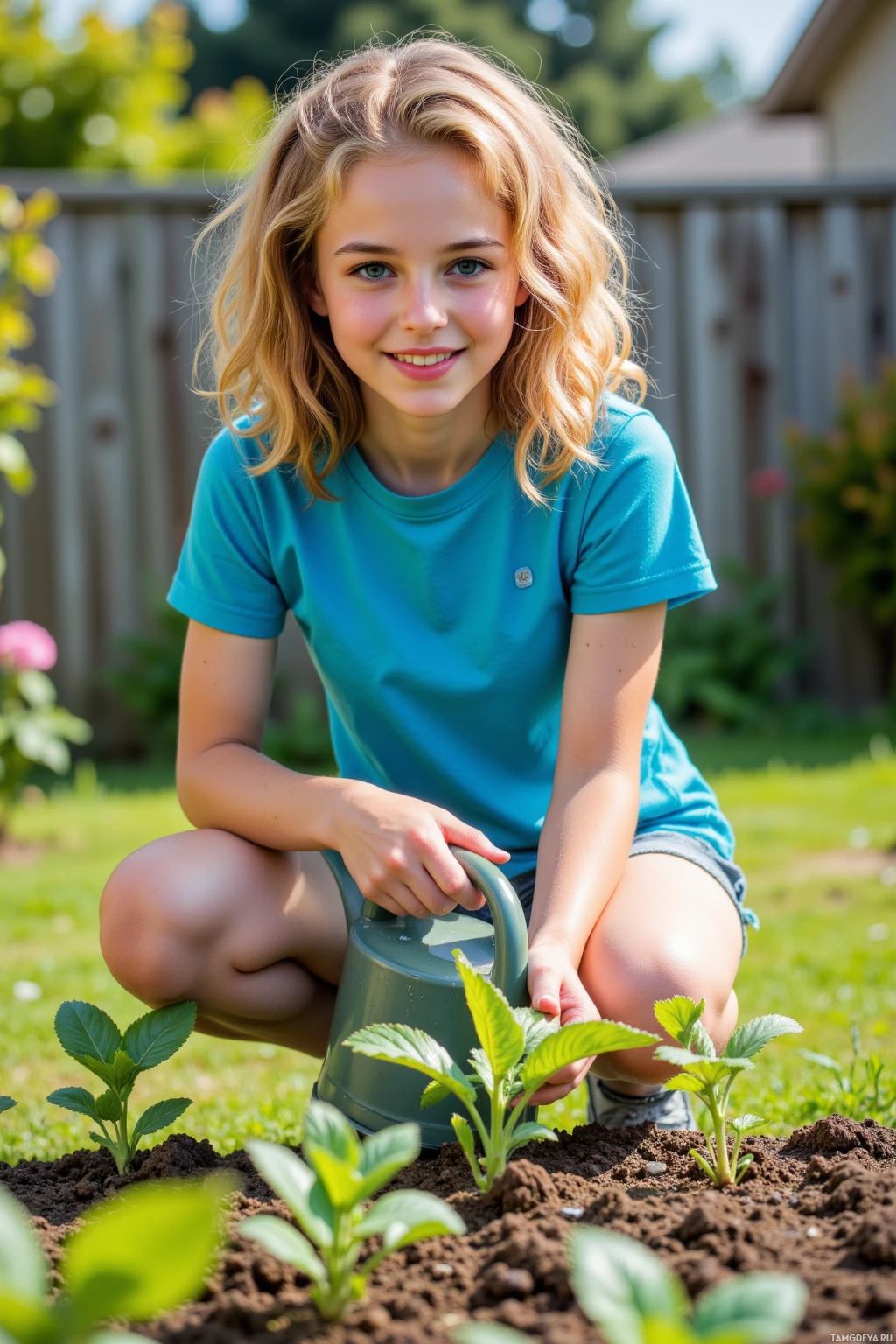 Realistic high quality photo. young woman with curly strawberry blonde hair, bright blue eyes, fair skin, wearing a bright blue T‑shirt and denim shorts, smiling as she waters seedlings in a sunny suburban backyard garden, soil visible, holding a watering can, standing on a patch of green at midday.