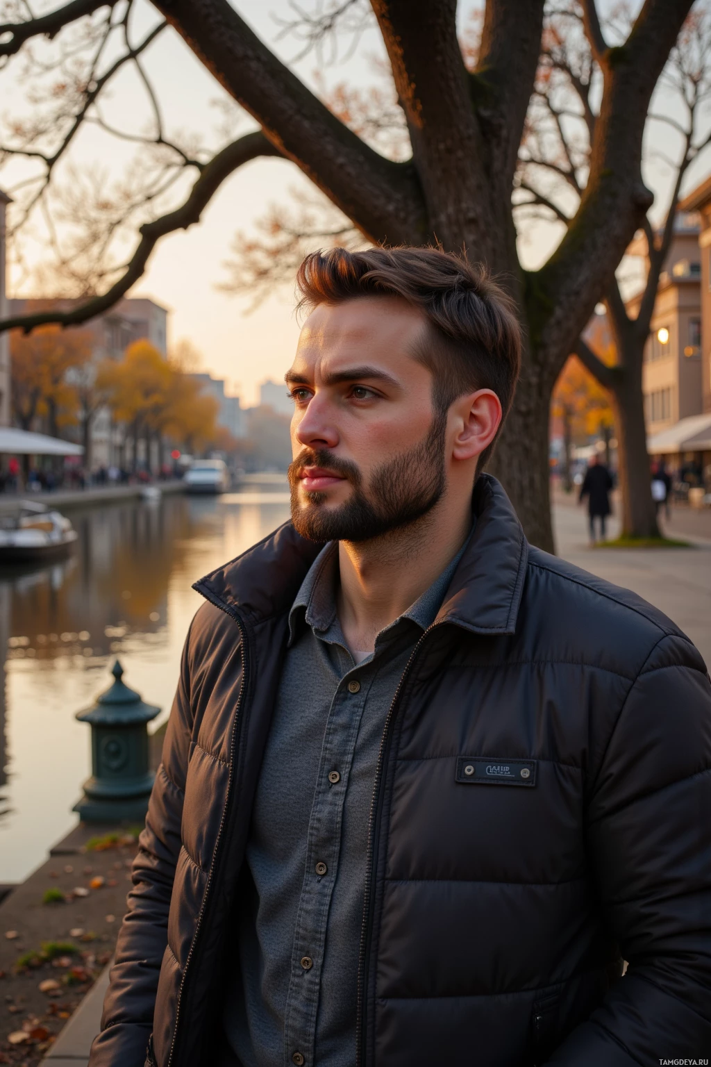 Realistic high quality photo. Male, 33, dark brown hair, beard, wearing a smart casual jacket, calm expression, walking along a city riverbank at sunset, with an old oak tree, reflecting on quiet thoughts.